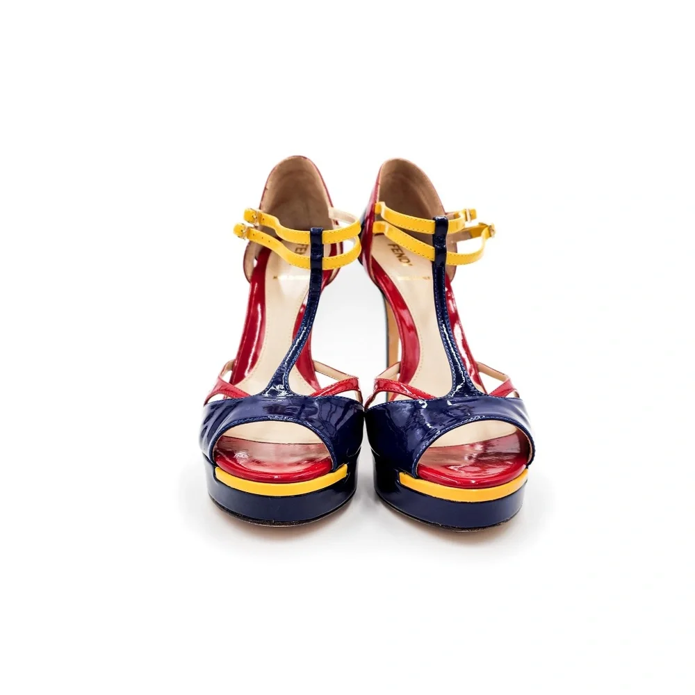 FENDI Navy Red Patent Leather T-Strap Platform Heels EU 36.5 - Picture 5 of 10